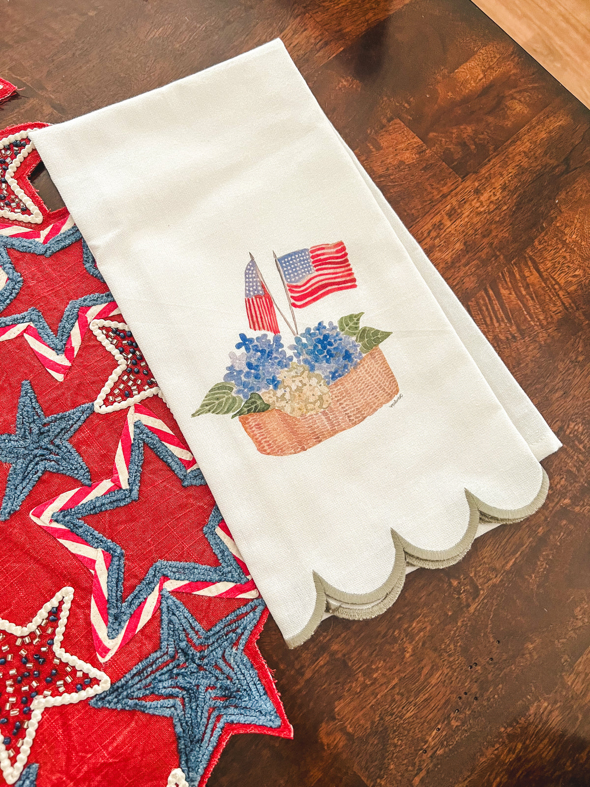 American Flags Hydrangea Basket Scalloped Tea Towel