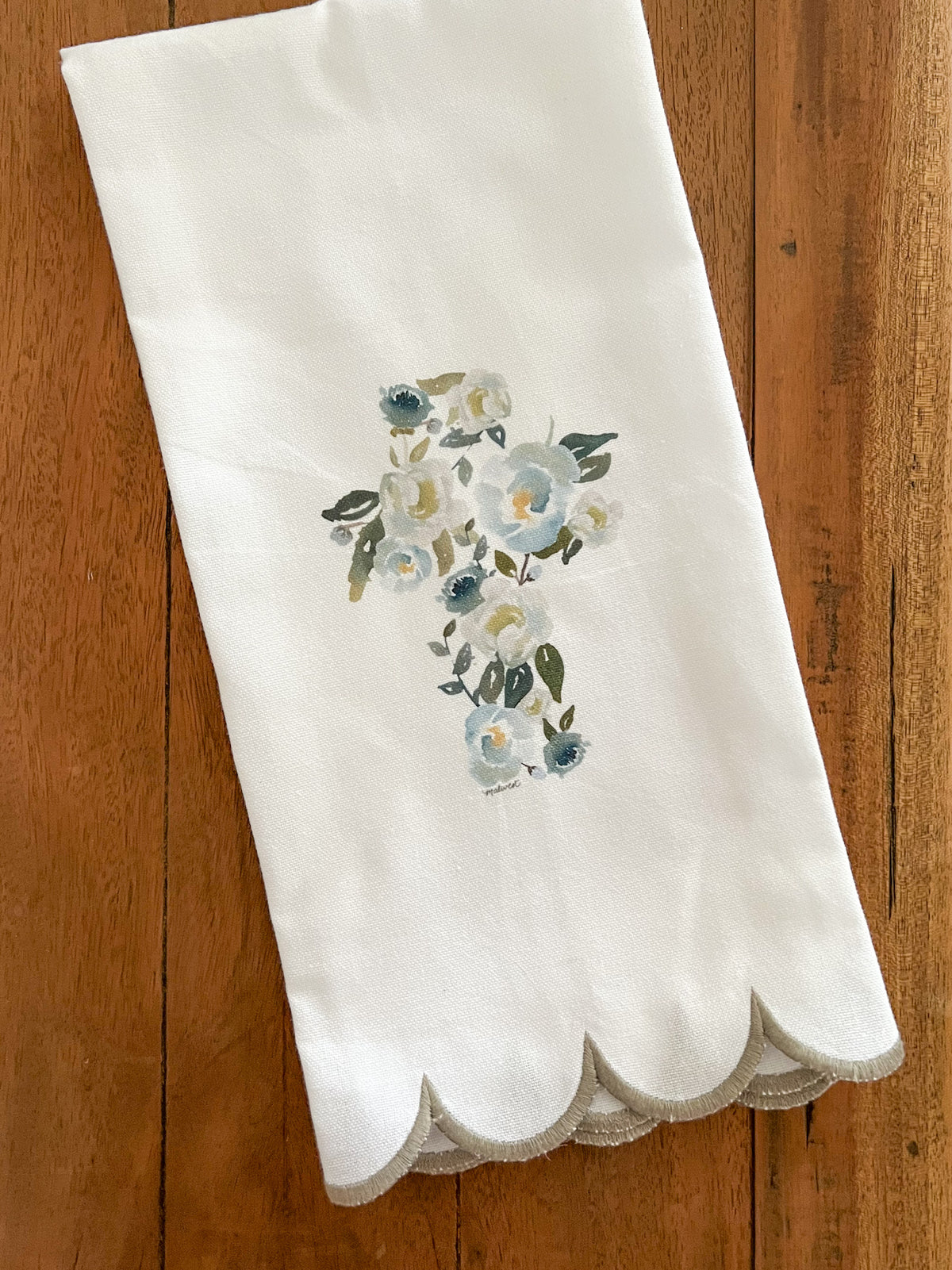Floral Cross Scalloped Tea Towel