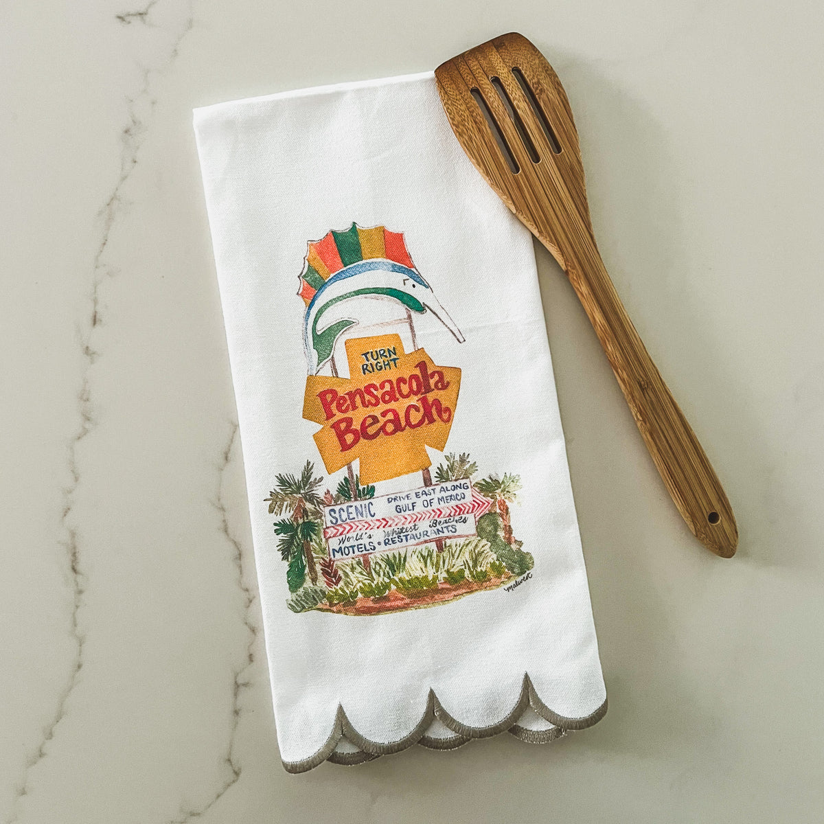 Pensacola Beach Sign Scalloped Tea Towel