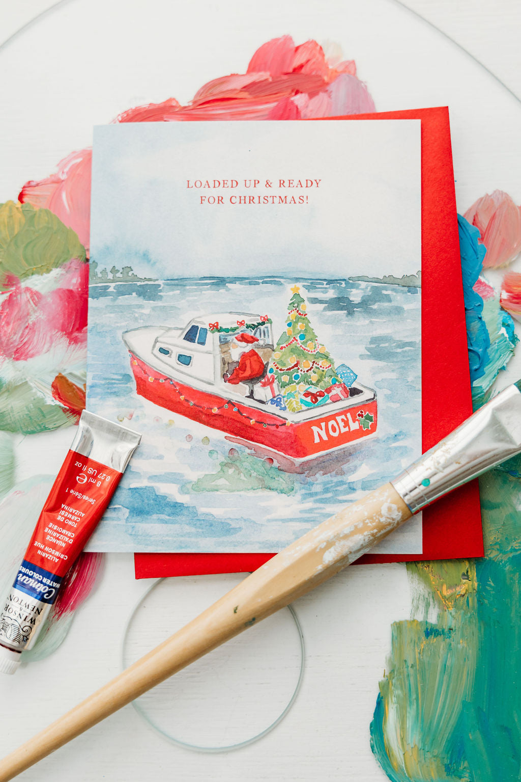 Santa Boat -  Watercolor Christmas Card - A2