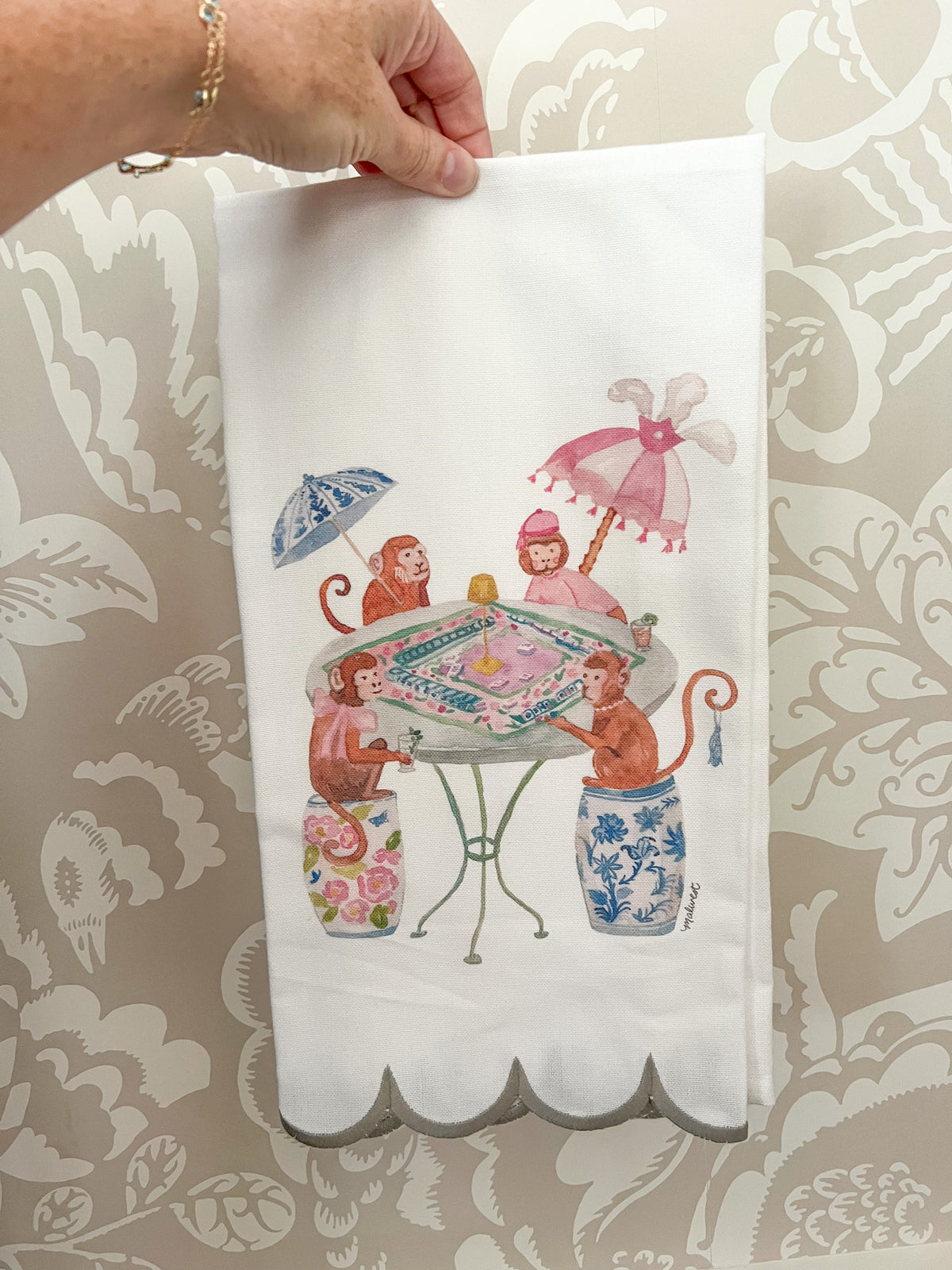 Mahjong Monkeys Scalloped Tea Towel