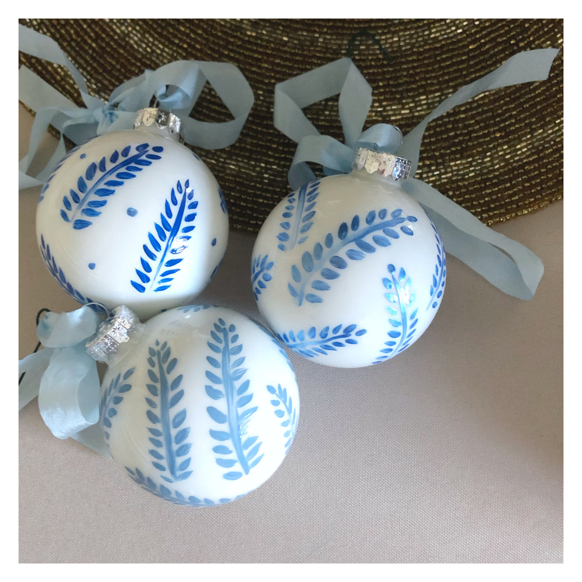 Hand Painted Blue Ornament: blue leaves 3
